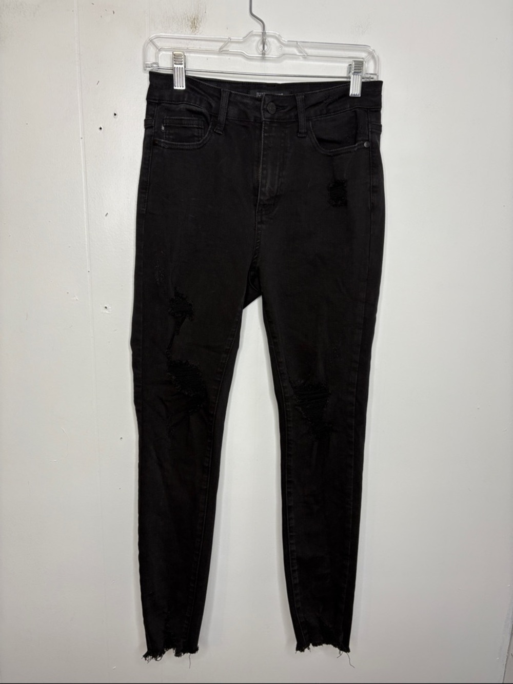 Judy Blue Jeans Womens 27 Skinny Fit Distressed Ripped Chewed Ankle Hem Black